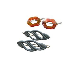 Vintage W Germany Twisted Barrette & Flower Hair Clips Set Orange Gray